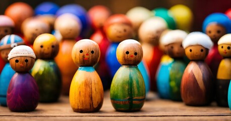 a group of colorful, wooden peg dolls with different designs and expressions.