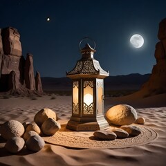 An ornate lantern with intricate designs placed on a textured mat, surrounded by other decorative objects, set against a desert landscape with rock formations and a crescent moon in the night