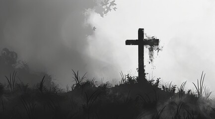 a cross sitting on the grass near a fog