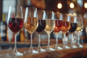 a row of glasses with different types of wine beverage