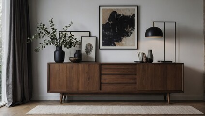Dark oak sideboard and stylish accessories bringing sophistication to an empty white wall.