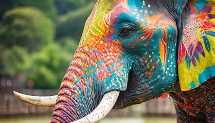 close up of colorful painted elephant head - obrazy, fototapety, plakaty