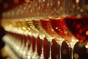 a row of wine glasses lined up in rows - obrazy, fototapety, plakaty