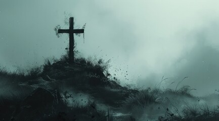 a black cross lies on a hill on the ground in a smoky fog