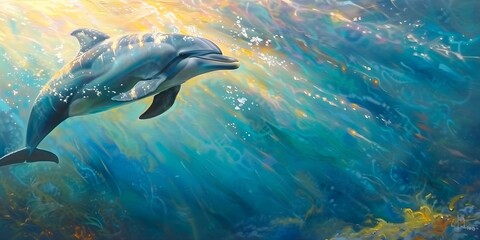Naklejka premium A dolphin gracefully swims through shimmering rays of sunlight underwater. Concept Underwater Beauty, Sunlit Dolphin, Graceful Movement, Shimmering Rays