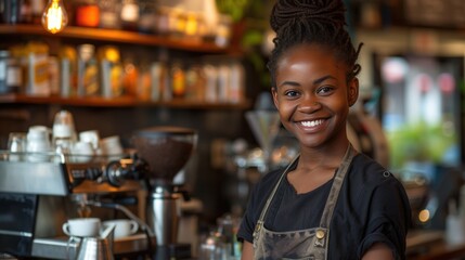 A cheerful barista, serving coffee with a smile, exudes warmth and hospitality in the café environment