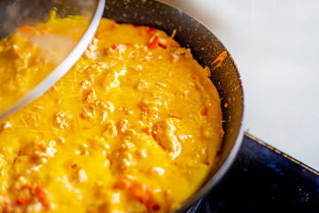 close-up of a hot omelette with tomatoes and chicken pieces in a frying pan. healthy snack