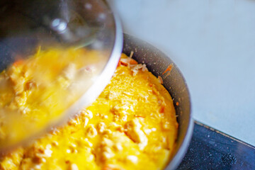 cook a hot omelette with tomatoes and chicken pieces in a frying pan under an open lid. healthy snack