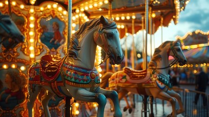 A charming carnival carousel scene, with brightly painted horses, nostalgic music