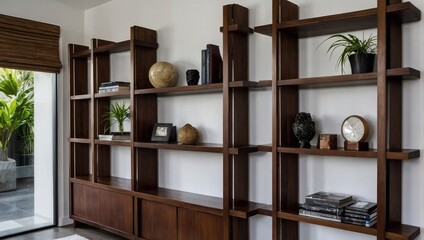 Dark teak bookshelf and carefully chosen decor enhancing the visual appeal of a white wall.