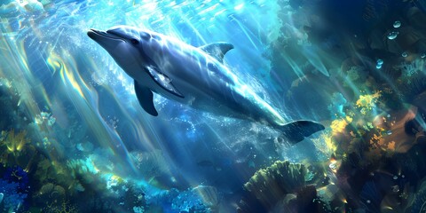 Obraz premium Serenity and beauty captured as a dolphin glides through stratified sunlit depths. Concept Underwater Photography, Dolphin Encounters, Sunlit Depths, Serene Marine Life, Natural Beauty