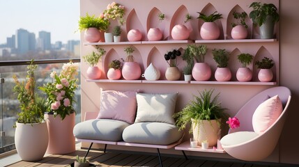 A chic apartment balcony with an empty wall turned into a vertical garden, incorporating Easter-themed planters in the shapes of eggs and bunnies, filled with blooming spring flowers