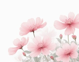 pink flowers on a white background with space for text, aestheticism, soft mist, matte background, soft light_10