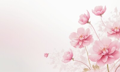 pink flowers on a white background with space for text, aestheticism, soft mist, matte background, soft light_1