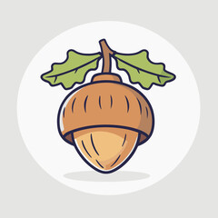 Cartoon Acorn with Leaves on Gray Background