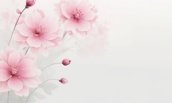 pink flowers on a white background with space for text, aestheticism, soft mist, matte background, soft light_4