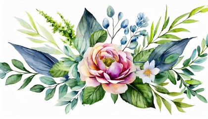 watercolor floral arrangements with leaves herbs herbal illustration botanic composition for wedding greeting card