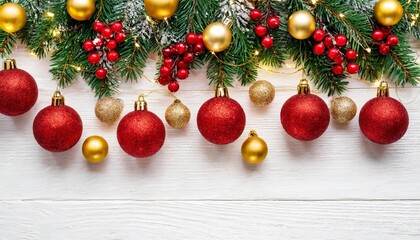 Fototapeta na wymiar christmas composition garland made of red and golden balls fir tree branches on white background christmas winter new year concept flat lay top view copy space square
