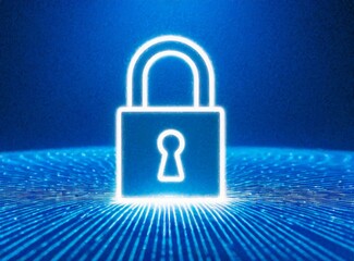 Digital virtual lock icon sign isolated on blue background web banner