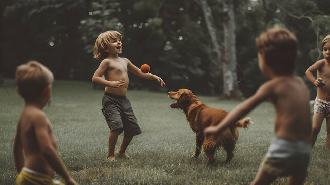 Children Playing Fetch With Dog. Kids Playing Outside With Golden Retriever And Ball. Boys Having Fun Outside With Family Dog. 