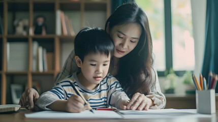 Asian mother doing homework with her son. Korean mum helping kid to learn and study for school. Family portrait.  - obrazy, fototapety, plakaty