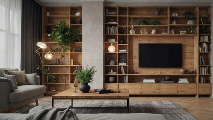 Light pine bookshelf and tasteful decor elements adding charm to a living room interior.  - obrazy, fototapety, plakaty