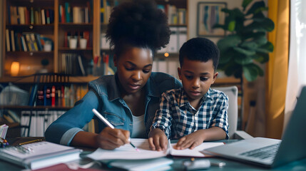 African american mother doing homework with her son. Black mum helping kid to learn and study for school. Family portrait.  - obrazy, fototapety, plakaty