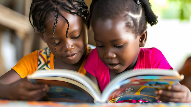 two african american kids reading a book. Sisters reading together. Two black children reading stories. 