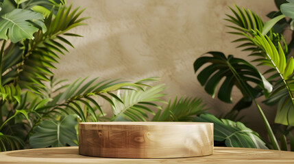 Wooden product display podium with nature leaves. Minimal mockup concept for product presentation. Trendy 3d render for social media banners, promotion, studio