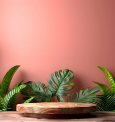 Wooden product display podium with nature leaves. Minimal mockup concept for product presentation. Trendy 3d render for social media banners, promotion, studio