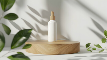 Wooden product display podium with nature monstera leaves. Minimal mockup concept for product presentation. Trendy 3d render with cosmetic ampulla serum