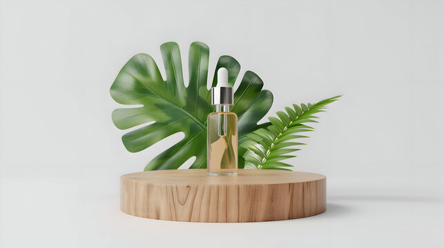 Wooden product display podium with nature monstera leaves. Minimal mockup concept for product presentation. Trendy 3d render with cosmetic ampulla serum