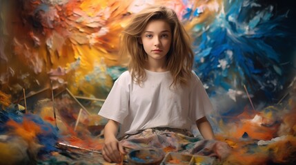 a young artist girl painting with long hair is surrounded with paints