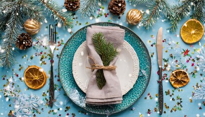 Obraz na płótnie Canvas crafting a magical christmas table setting top view photo of plates cutlery glassware tree ornaments napkin frosty fir branches cones confetti on blue background