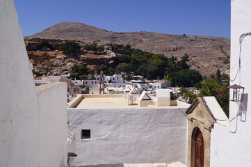 A scenic view from the top of Lindos Old Town in the island of Rhodes, Greece