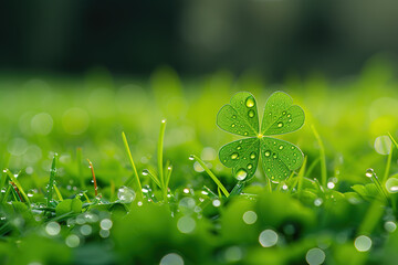 A clover leaf grows in a field of lawn