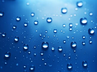Glistening Raindrops, Blue Background, Sparkling Reflections, Water Droplets, Nature Scene, Freshness Concept