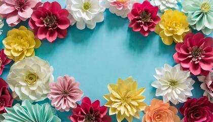 colourful handmade paper flowers on light blue background with copyspace in the center