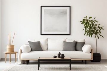 Scandinavian Boho Living Room, White Sofa, Black Coffee Table, Art Poster on Wall