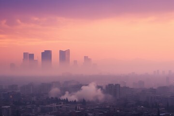 City skyline with smoke displayed at sunset, dust pollution image