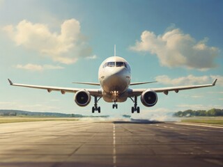 Obraz premium The plane takes off and leaves the runway on a sunny