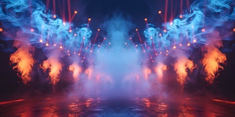 A captivating stage aglow with lights and wisps of ethereal smoke. Concept Enchanting Stage Setup, Magical Lighting Effects, Ethereal Smoke Art, Captivating Atmosphere