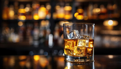 Glass of whiskey with ice on bar counter dark background, Copy space