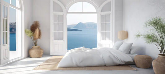 Greek-style bedroom interior with sea view
