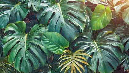 lush tropical plants and graceful palm and monstera leaves background wallpaper colorful pattern illustration