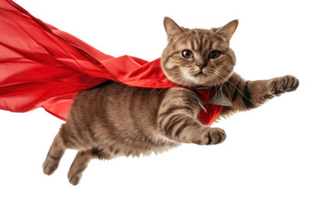 superhero flying cat with red cape, isolated on transparent background, brave pet, cute dynamique and playful animal - obrazy, fototapety, plakaty