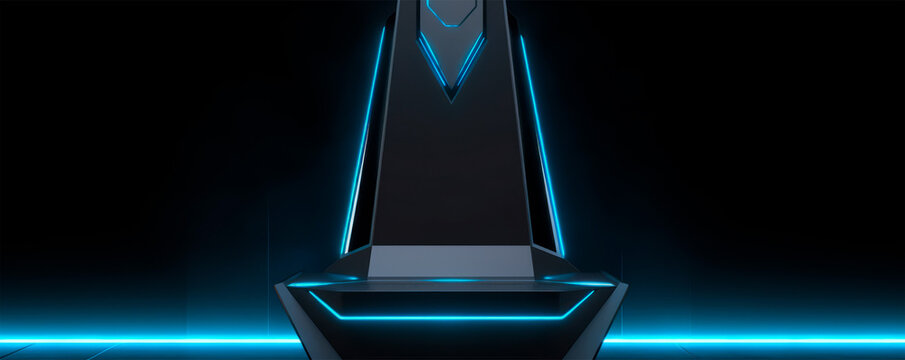 An avant-garde podium, with its geometric design and orange neon accents, sets the stage for futuristic displays and innovative product launches, radiating creativity.