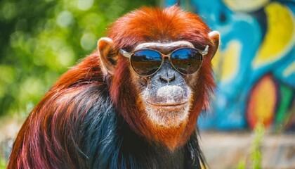 chimpanzee in sunglasses bright image in graffiti style