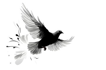 black minimalistic and peppy outline of a lovely flying dove, she want peace in the world, white background