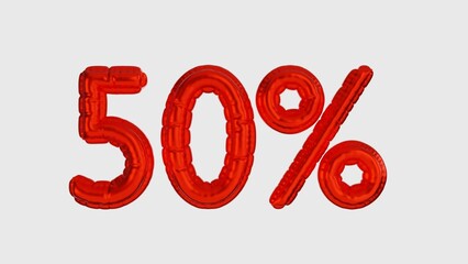 Fifty percent sale sign in red color, trendy bright balloons text of advertisement sales in shops, marketing symbols of 50% discount  isolated on white background, 3D rendering